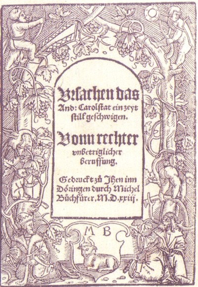 Portada de Ursachen das And:Carolstadt ein zeyt still geschwigen, Jena 1523