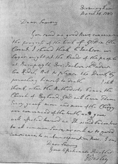 Carta de Wesley advirtiendo que si los metodistas abandonanla Iglesia anglicana Dios los abandonará a ellos.