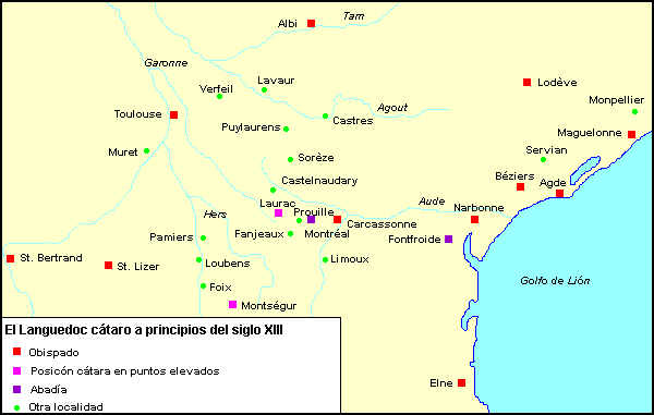 Mapa del Languedoc cátaro a comienzos del siglo XIII