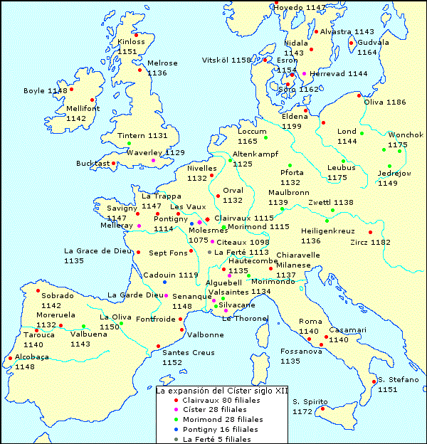Mapa de la expansión de la orden del Císter en el siglo XII