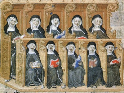 Miniatura, c. 1420, mostrando a las pobres clarisas. Cotton MS Domitian A xvii, f. 74v