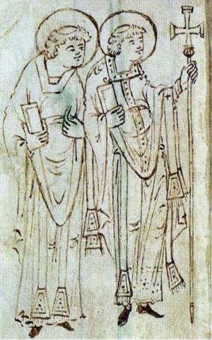 Abad (izquierda) y obispo (derecha), libro de registro en la catedral nueva de Winchester, c. 1031. Stowe MS 944, f. 6v