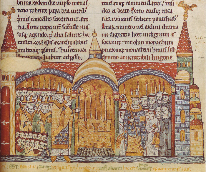 Consagración del altar mayor de Cluny por Urbano II. Miniatura del Chronicon Cluniacense, Biblioteca Nacional de París
