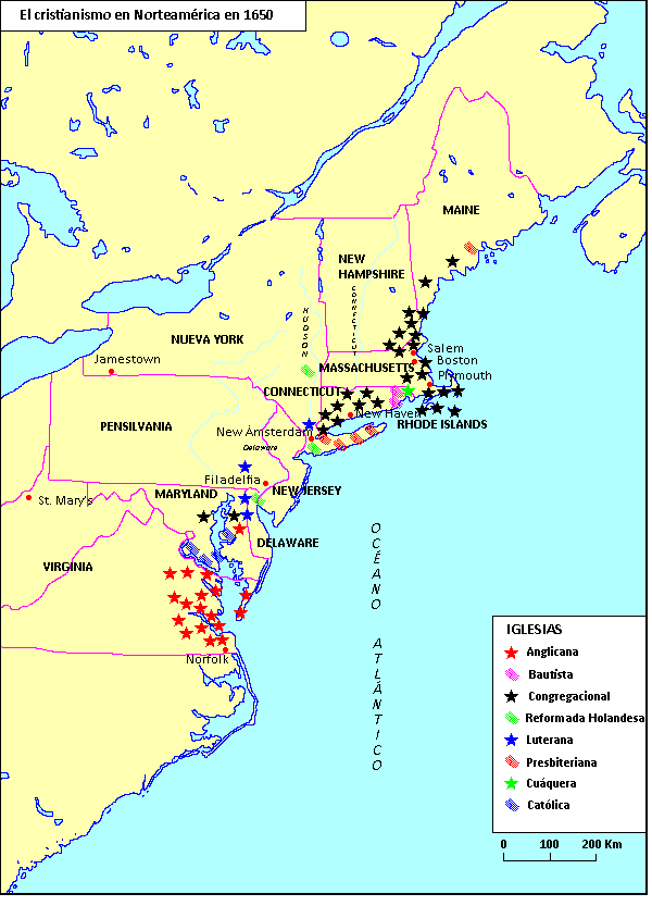 Mapa del cristianismo en Norteamérica en 1650