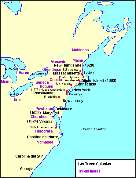 Mapa de las trece colonias - Tribus indias