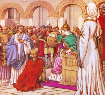 Columbano expulsado por Brunilda, reina de los burgundios, por censurar los vicios de la corte
