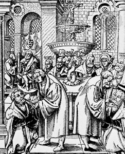 Lutero y Hus administrando el pan y el vino sacramental al elector de Sajonia y a su familia. Grabado en madera de artista desconocido