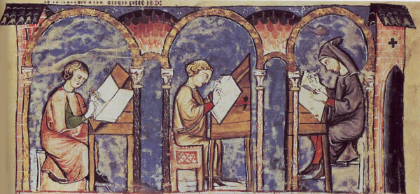 Monje copiando un manuscrito. Miniatura de un códice de las Cantigas de Santa María de Alfonso X. Real Monasterio de San Lorenzo de El Escorial, Madrid