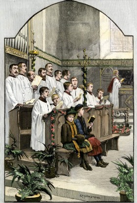 Coro cantando en Navidad en una iglesia anglicana, c. 1880