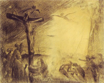 Cristo agonizante (Satanás y las legiones infernales torturanal crucificado), carboncillo y lápiz de James Ensor.Musées Royaux des Baeux-Arts, Bruselas