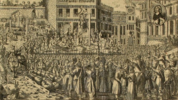 Ejecuciones de los hombres de la Quinta Monarquíay ahorcamiento de los cuerpos exhumados de Cromwell, Ireton y Bradshaw