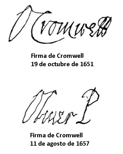 Facsímil de las firmas de Cromwell