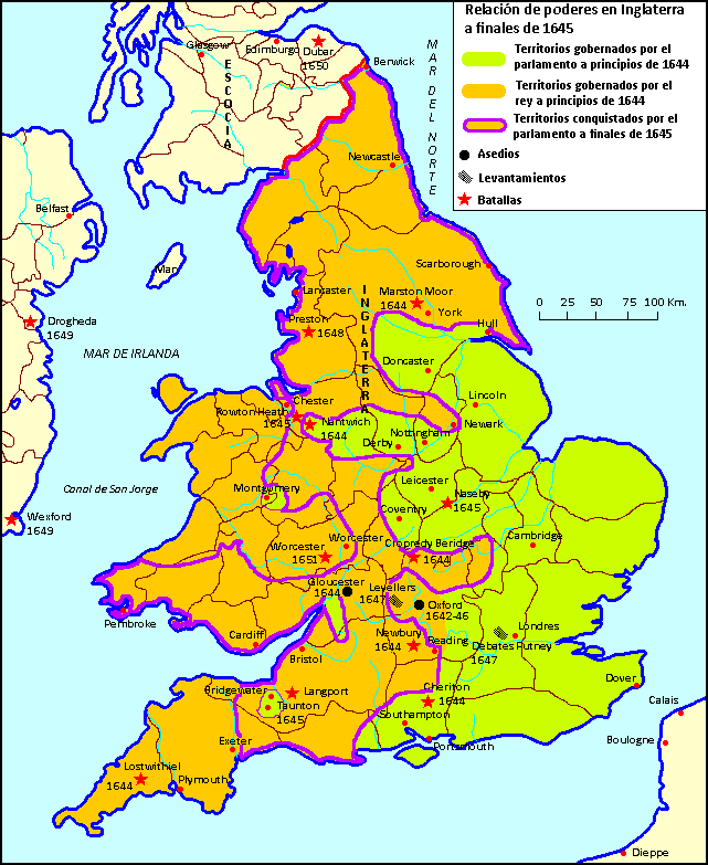 Mapa de la relación de poderes en Inglaterra a finales de 1645