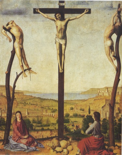 Crucifixión, óleo sobre tabla de Antonello da Messina.Museo de Bellas Artes, Amberes