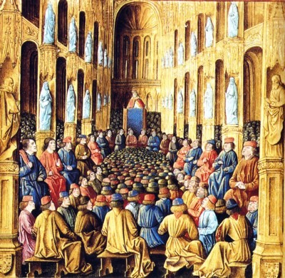 Urbano II proclama la primera cruzada en el concilio de Clermont. Miniatura francesa