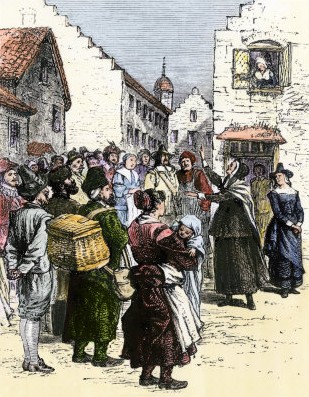 Cuáquera predicando a los colonos holandeses en Nueva Ámsterdam c. 1600