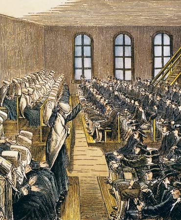 Los cultos de adoración cuáqueros son llamados reuniones. Este dibujo muestra una de ellas en el siglo XIX