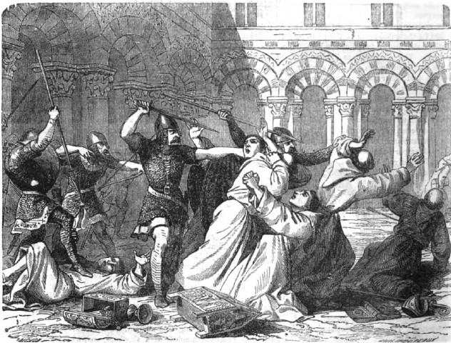 Masacre de monjes por los invasores danesesIlustración de Cassell's Illustrated History of England