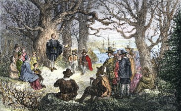 Davenport dirigiendo la acción de gracias en New Haven