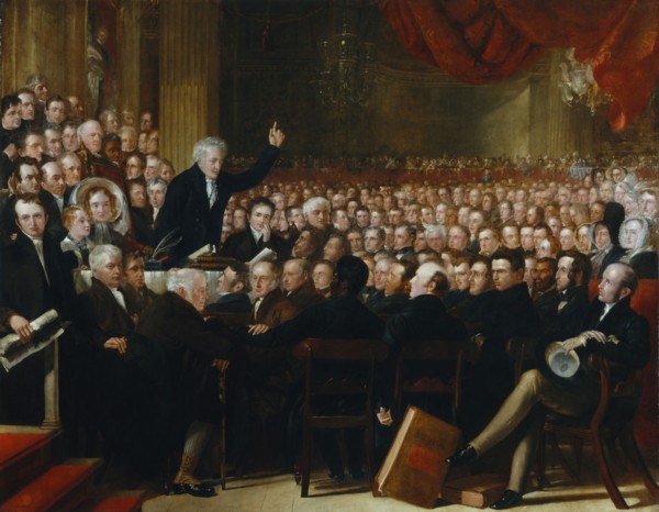 The Anti-Slavery Society Convention, 1840, por Benjamin Robert HaydonWilliam Allen, con pelo blanco, sentado debajo del orador - National Portrait Gallery