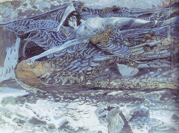 El demonio caído, acuarela, aguada y color de bronce sobre papelde Mikhail Aleksandrovich Vrubel. Museo Pushkin, Moscú