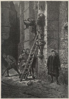 Protestantes destruyendo imágenes de María y el niño Jesús, por Alphonse de Neuville