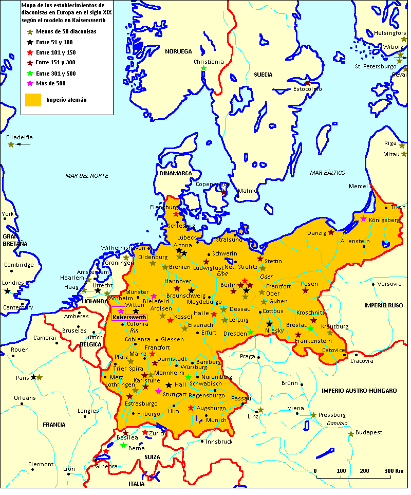 Mapa de los establecimientos de diaconisas en Europa en el siglo XIX según el modelo en Kaiserswerth