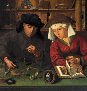 El cambiador de dinero y su esposa,por Quentin Massys, 1514; Louvre, París