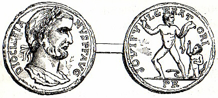 Moneda de Diocleciano conmemorando su suspuesto triunfo sobre el cristianismo. Anverso: Diocleciano, Inmortal, Dichoso, Augusto. Reverso: A Júpiter Lanzando Rayos