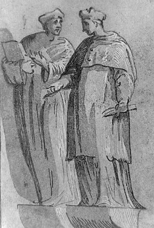 El cardenal y el doctor, grabado de Ugo da Carpi.Biblioteca del Congreso, Washington