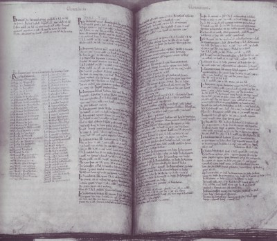 Domesday Book, 1086. Folios correspondientes a Gloucester, con una lista de los principales arrendatarios y entradas sobre los dominios del rey