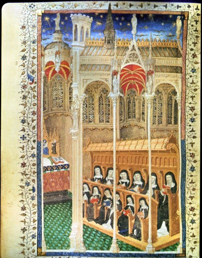 Monjas dominicas en oración. Iluminación, c. 1420, añadida a un salterio francés, c. 1400-1410. Cotton MS Domitian A xvii, f. 177v.