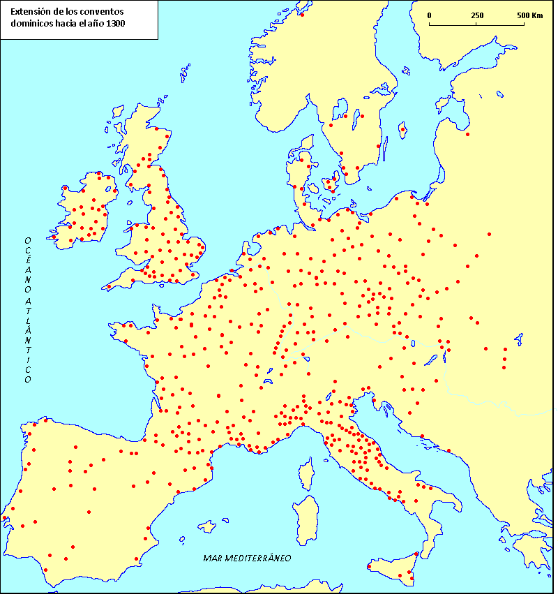Mapa de difusión de los conventos dominicos hacia el año 1300