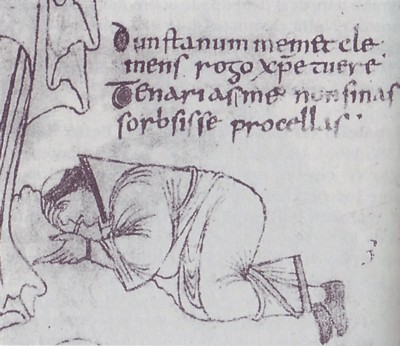 Dunstan a los pies de Cristo. El dibujo y la inscripción de Asia el año 960 podrían ser obra del propio Dunstan