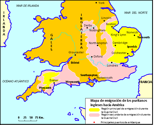 Mapa de emigración de los puritanos ingleses hacia América