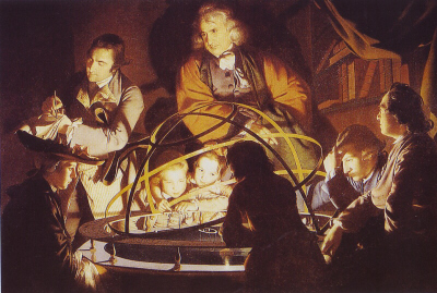 Un filósofo imparte una lección con el planetario mecánico, óleo sobre lienzo de Joseph Wright of Derby, Derby Museum and Art Galery, Derby