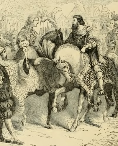 Encuentro de Enrique y Francisco en Field of the Cloth of Goldilustración de Cassell's Illustrated History of England