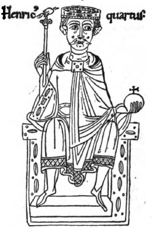 Enrique IV entronizado con corona, cetro y orbeMiniatura de la Crónica deEkkehard de Aura (1113). Cambridge