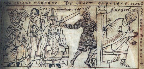 Escenas de la vida de Gregorio VII; izquierda con Enrique IV; derecha huyendo de Roma.