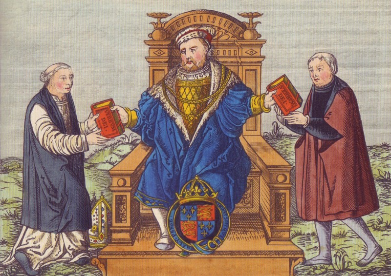 Enrique VIII entrega la Gran Biblia a Thomas Cranmer (izquierda) y Thomas Cromwell
