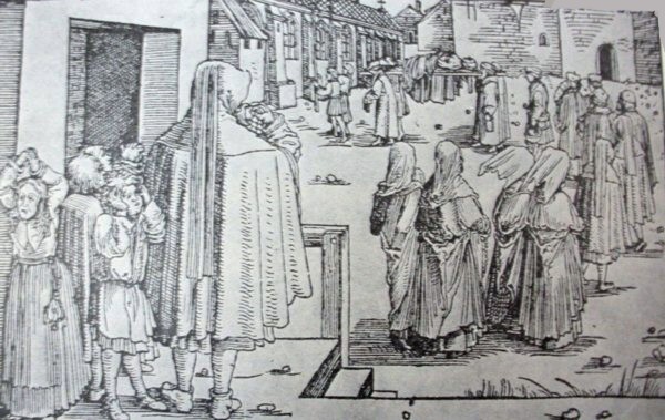 Entierro en una pequeña ciudad. Grabado en madera de Hans Weiditz