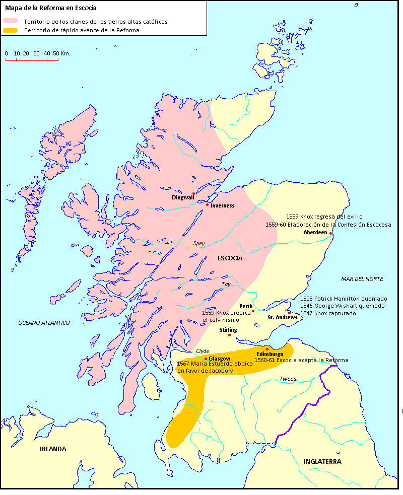 Mapa de los lugares y fechas importantes en la Reforma en Escocia