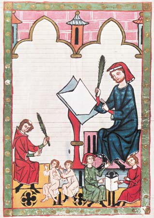 Enseñanza en una escuela monástica,manuscrito iluminado del Codex Manessa, c. 1300