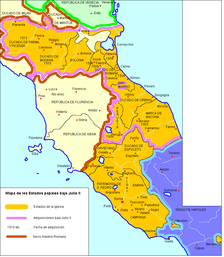 Mapa de la extensión de los Estados papales bajo Julio II