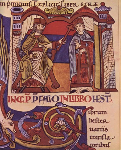 Ester y Asuero. Miniatura de una Biblia medieval, siglo XII.Biblioteca Nacional de París
