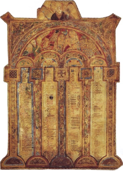 Tablas de concordancia de Eusebio, Libro de Kells.Dublín, Trinity College Library, Ms. A. I.6 (5), folio 1 verso 