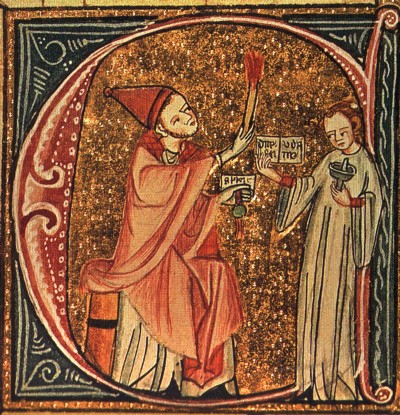 El papa pronunciando una excomunión, con la campanilla, el libro y la vela, de una enciclopedia inglesa, c. 1360-1375. Royal MS 6 E vi, f.216v.