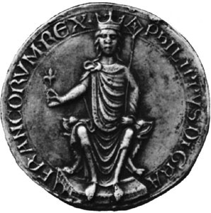 Felipe Augusto de Francia, sello mostrando al reycoronado y entronizado, de un documento de 1180