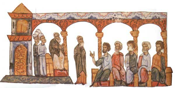 Juicio de Focio en 886. Aparece con las manos alzadas ante sus acusadores