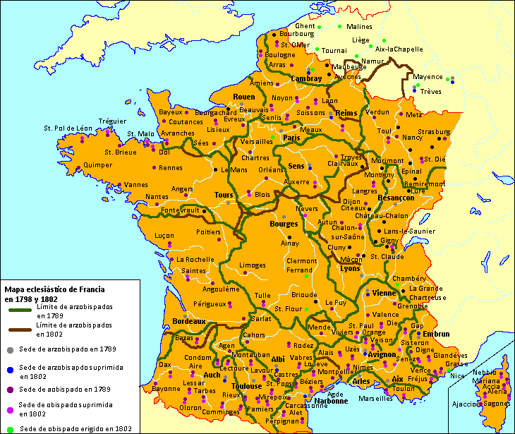 Mapa eclesiástico de Francia en 1789 y 1802